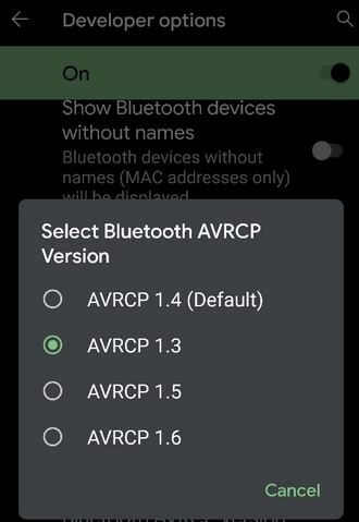 Vaihda Bluetooth ACRCP -versio korjata Android Pie Bluetooth -ongelma